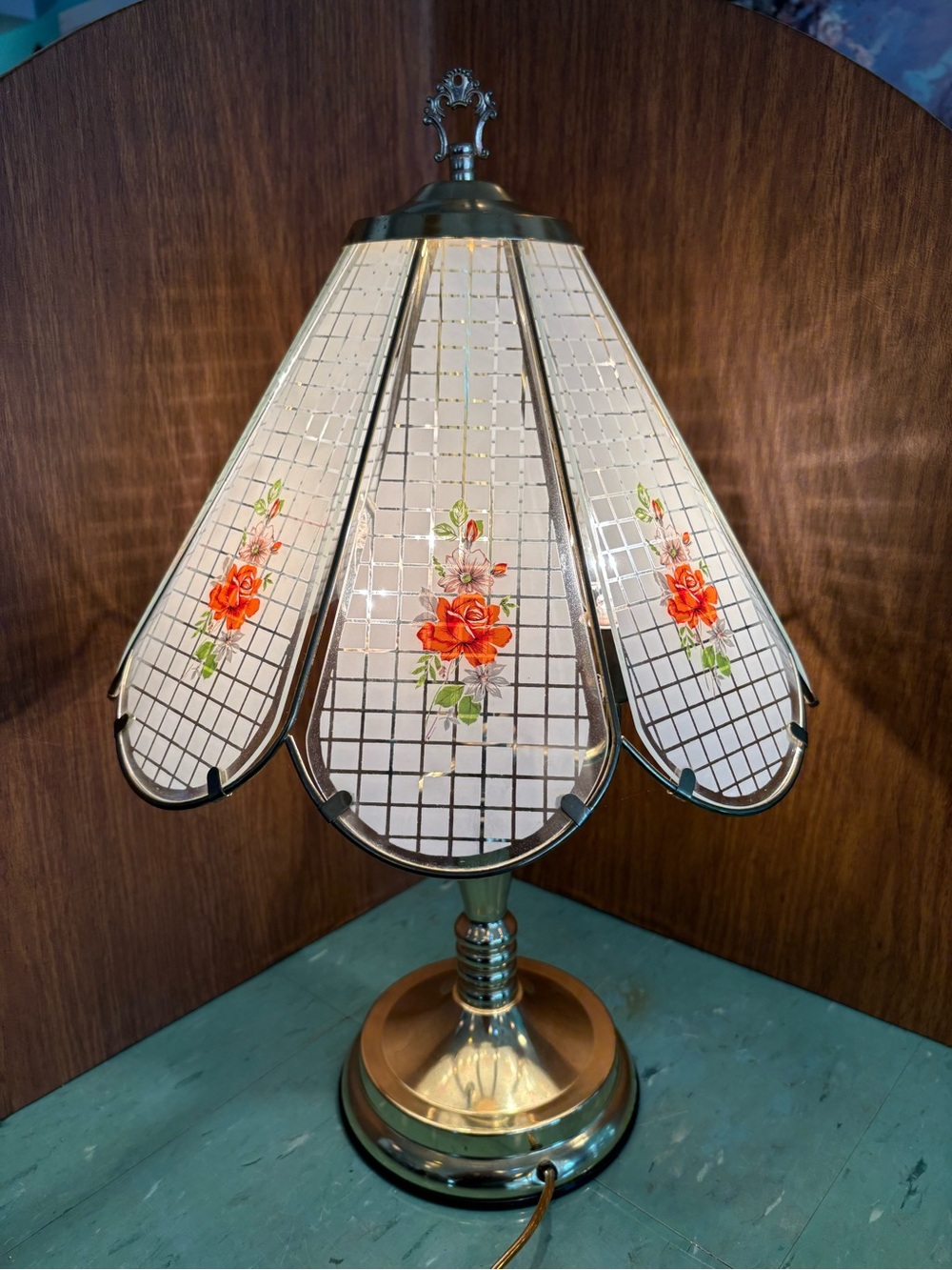 Vintage floral gold touch lamp panels  flowers orange pink green 1980’s 90’s